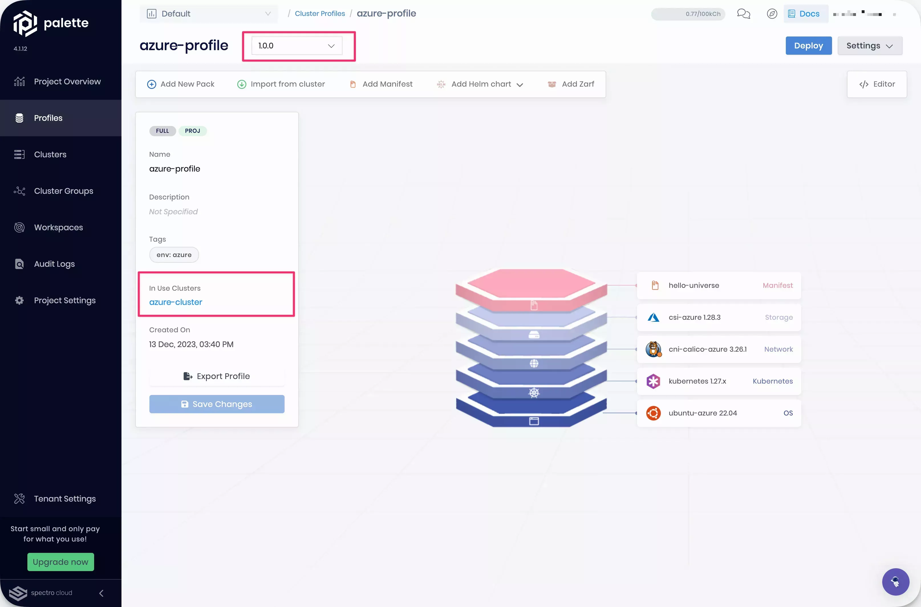 Image that shows the frontend cluster profile with cluster linked to it